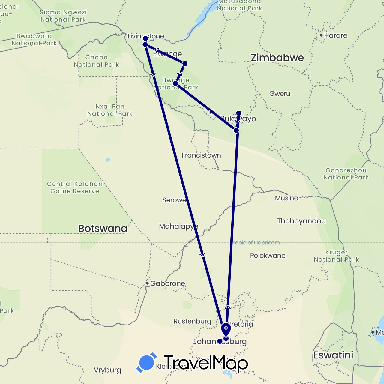 TravelMap itinerary: driving in South Africa, Zimbabwe (Africa)