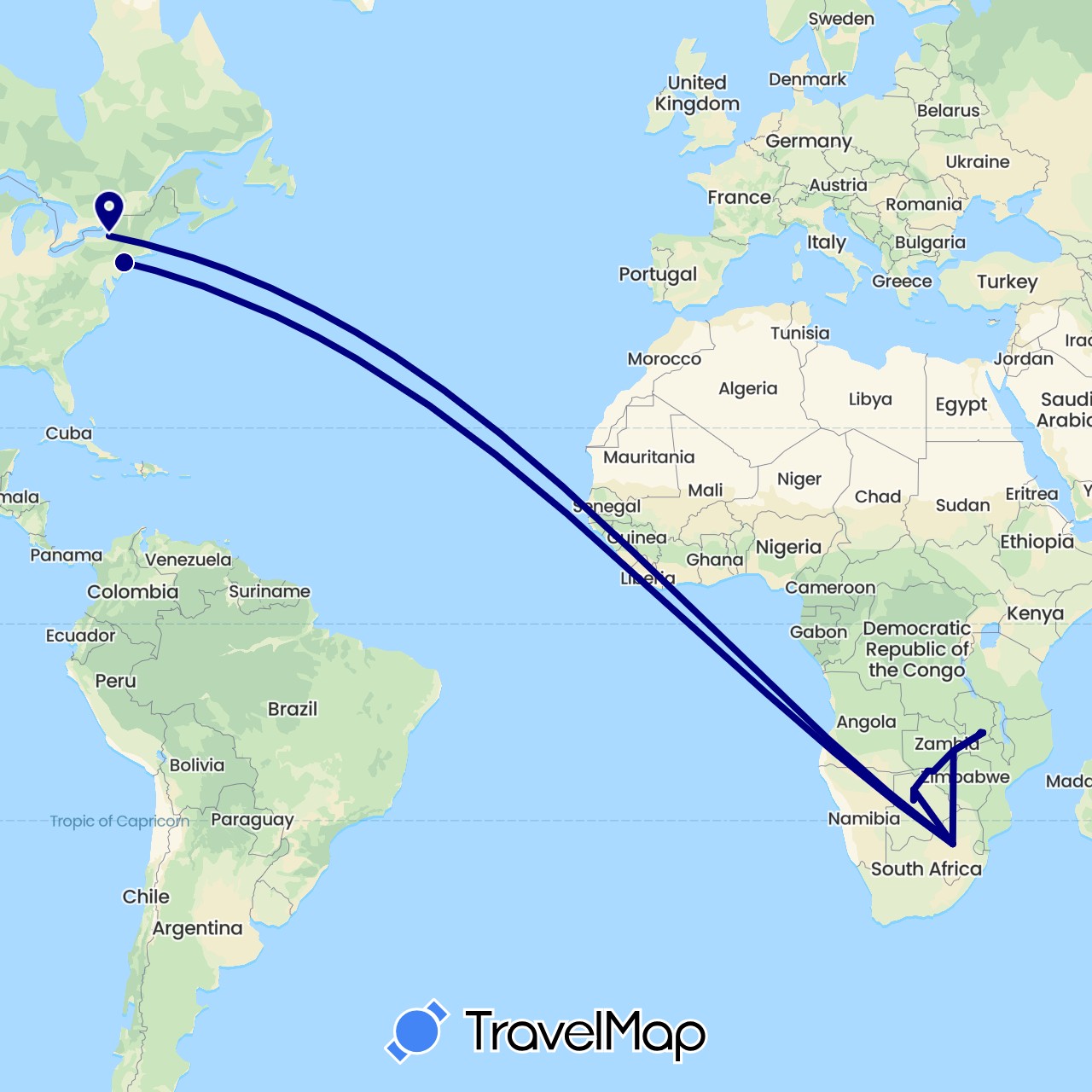 TravelMap itinerary: driving in Botswana, United States, South Africa, Zambia (Africa, North America)