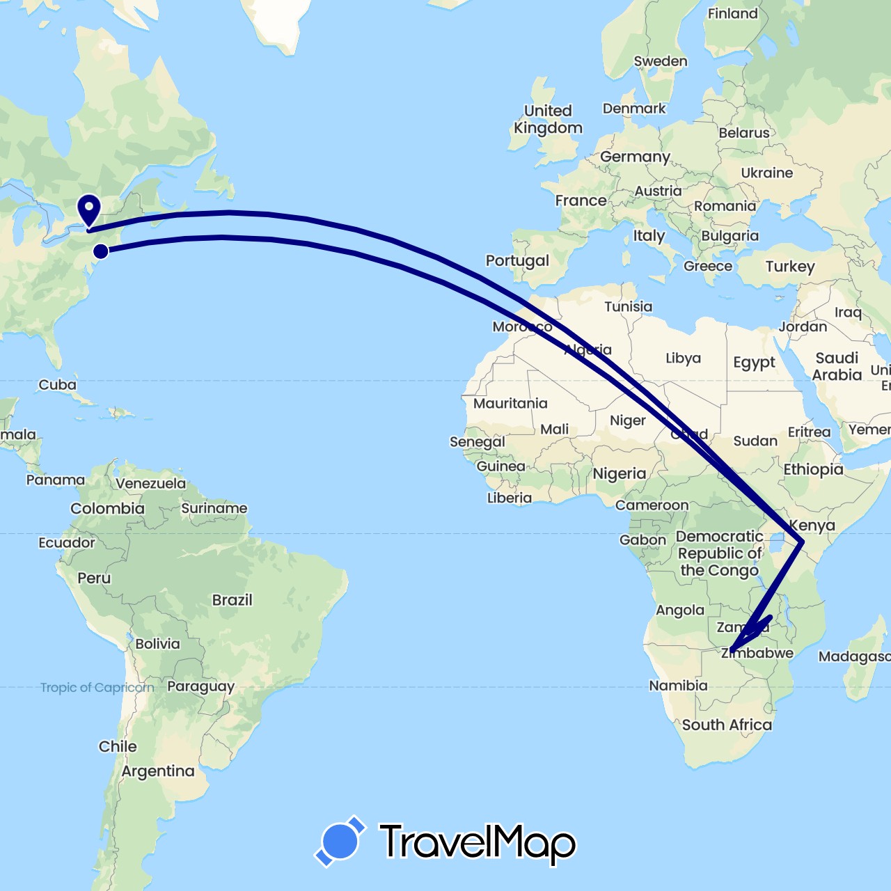 TravelMap itinerary: driving in Kenya, United States, Zambia, Zimbabwe (Africa, North America)
