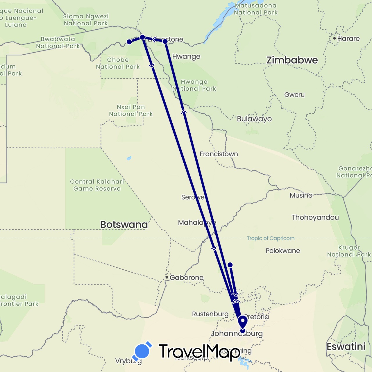 TravelMap itinerary: driving in Botswana, South Africa, Zimbabwe (Africa)