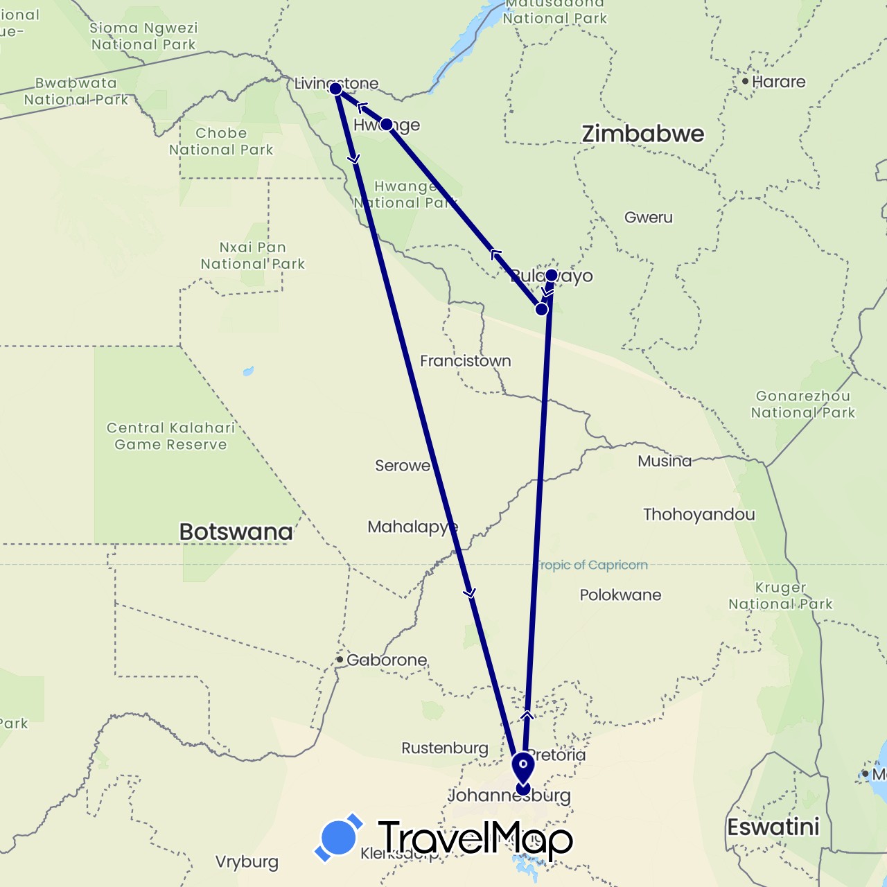 TravelMap itinerary: driving in South Africa, Zimbabwe (Africa)