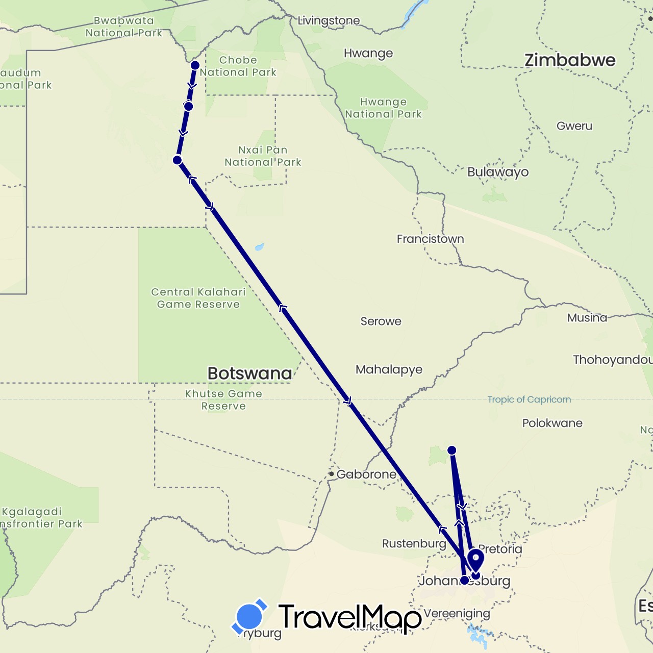 TravelMap itinerary: driving in Botswana, South Africa (Africa)