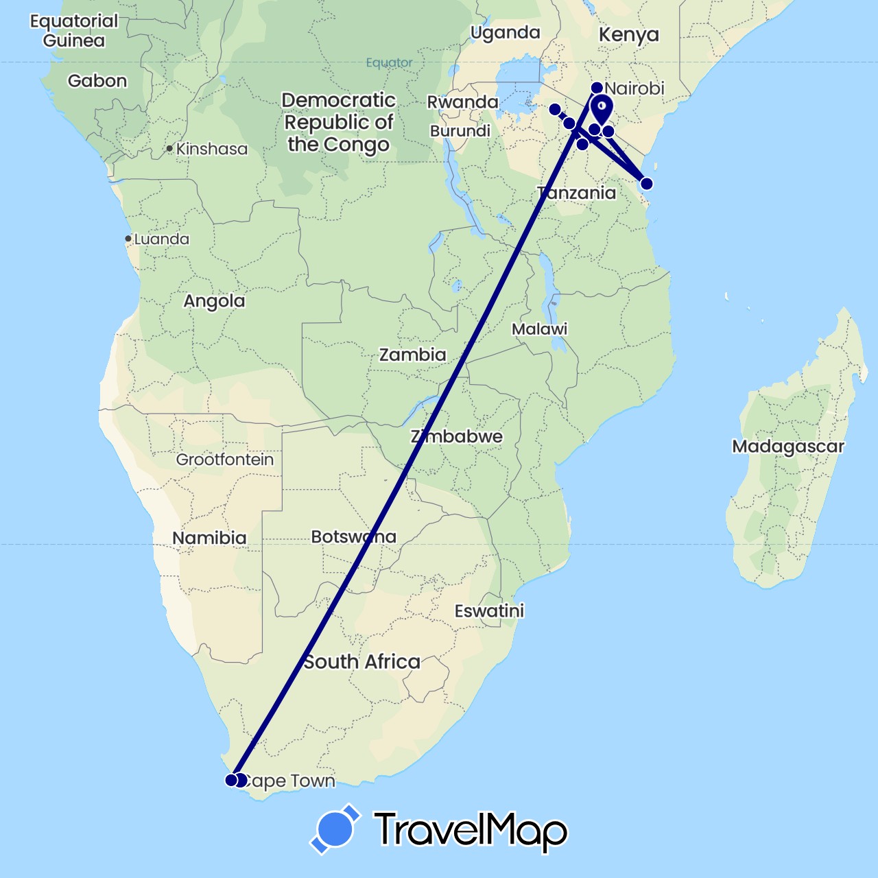 TravelMap itinerary: driving in Kenya, Tanzania, South Africa (Africa)