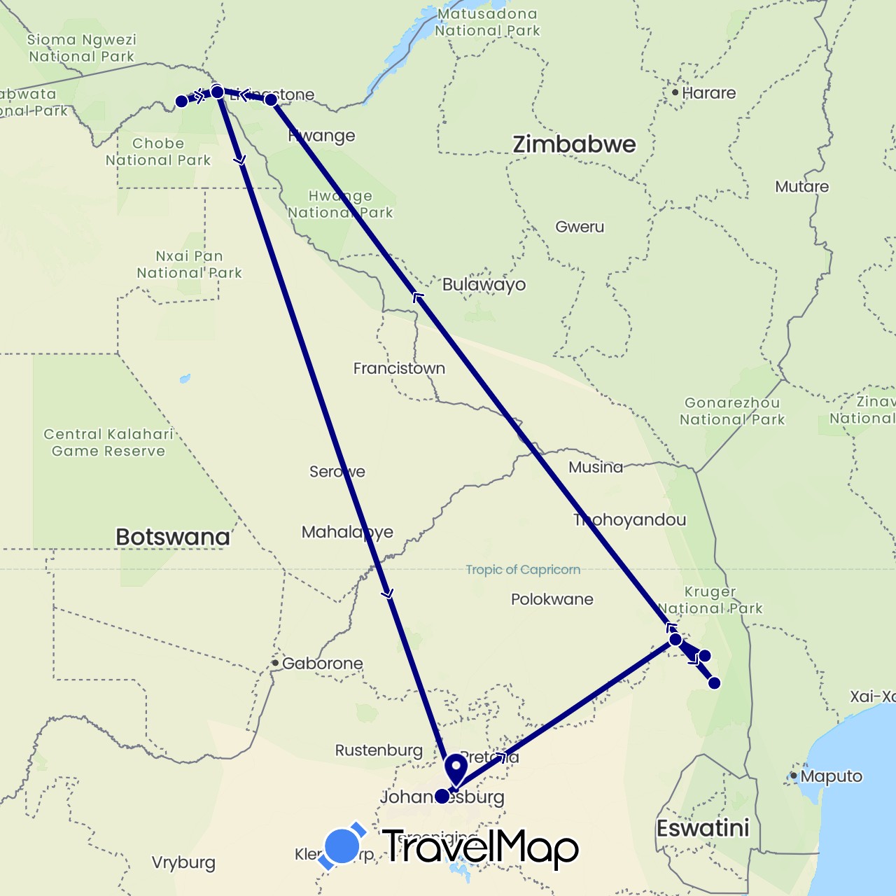 TravelMap itinerary: driving in Botswana, South Africa, Zimbabwe (Africa)