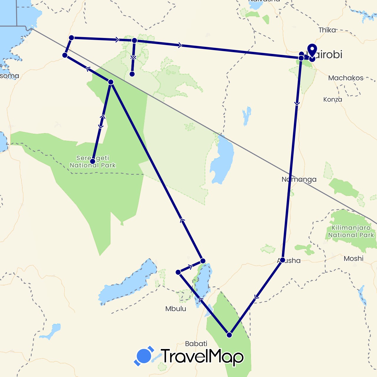 TravelMap itinerary: driving in Kenya, Tanzania (Africa)
