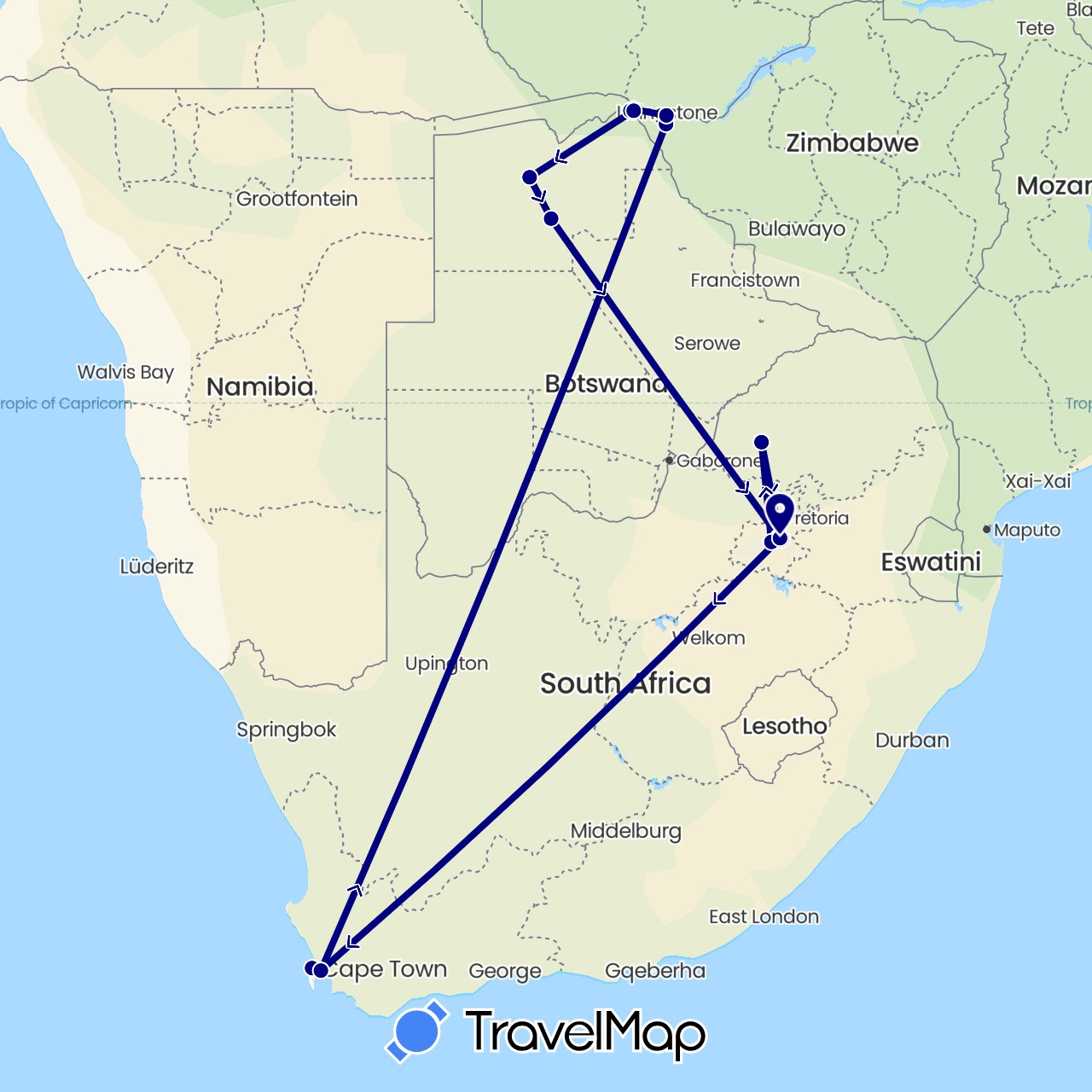 TravelMap itinerary: driving in Botswana, Namibia, South Africa, Zimbabwe (Africa)