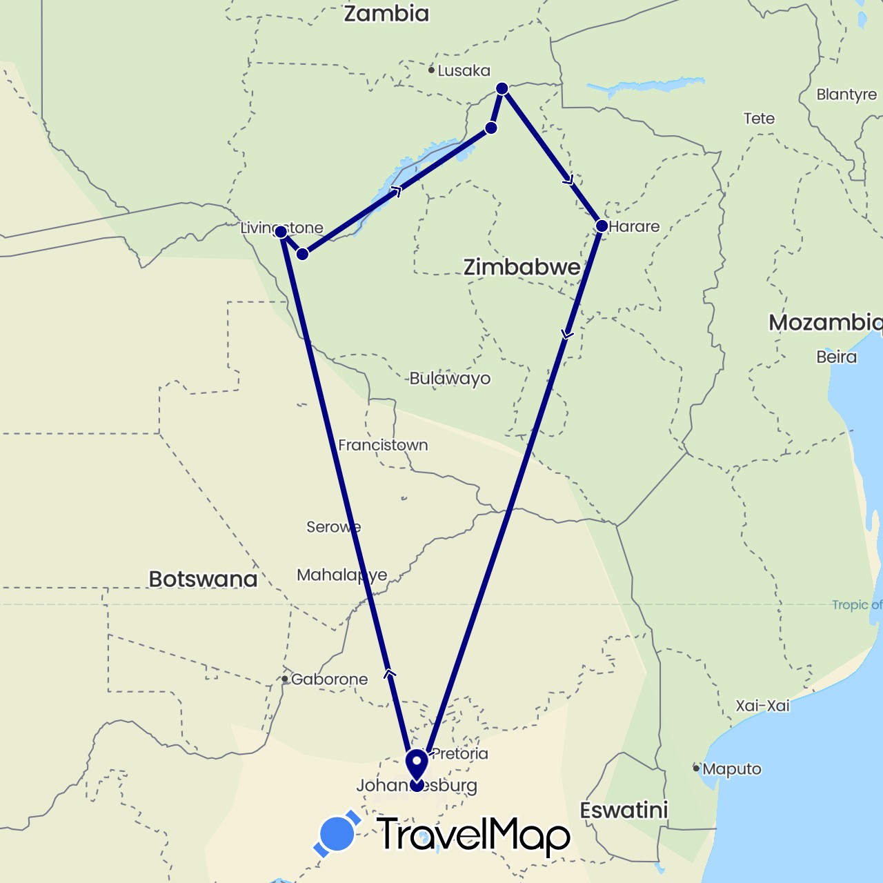 TravelMap itinerary: driving in South Africa, Zimbabwe (Africa)