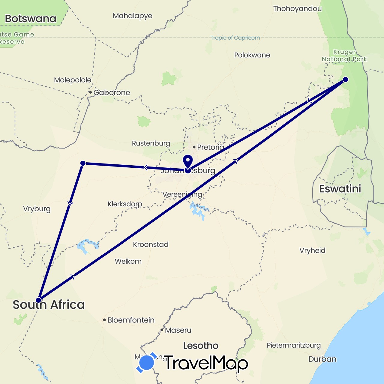 TravelMap itinerary: driving in South Africa (Africa)