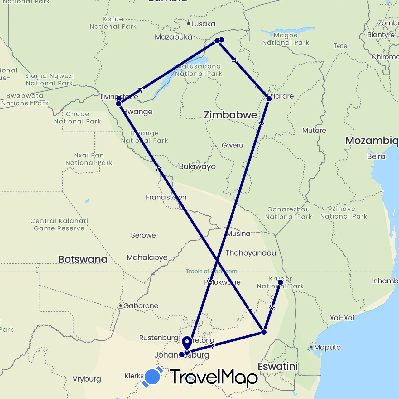 TravelMap itinerary: driving in South Africa, Zimbabwe (Africa)