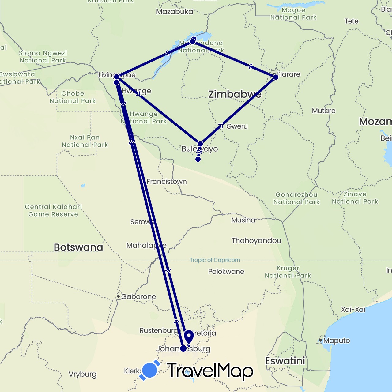 TravelMap itinerary: driving in South Africa, Zambia, Zimbabwe (Africa)