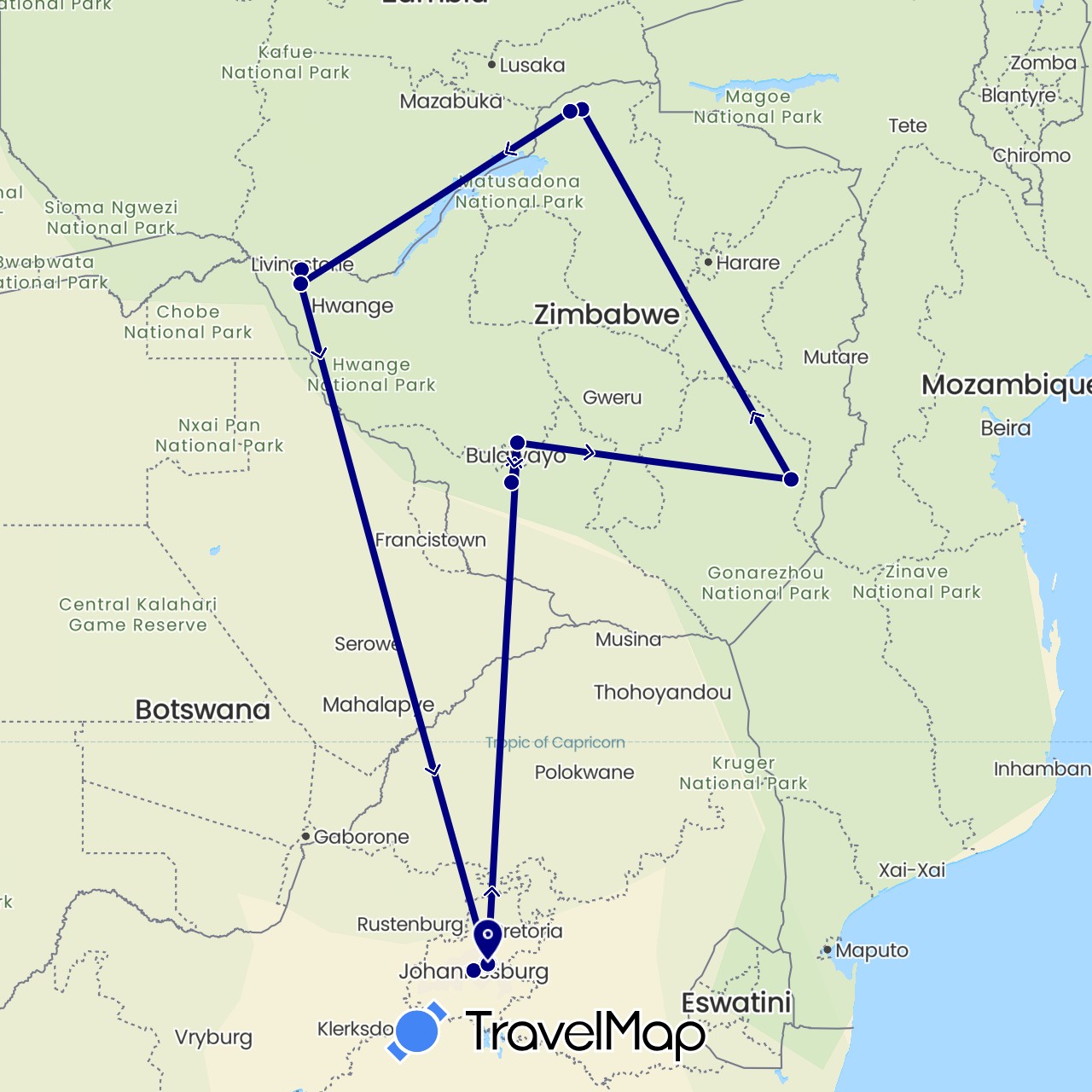 TravelMap itinerary: driving in South Africa, Zimbabwe (Africa)