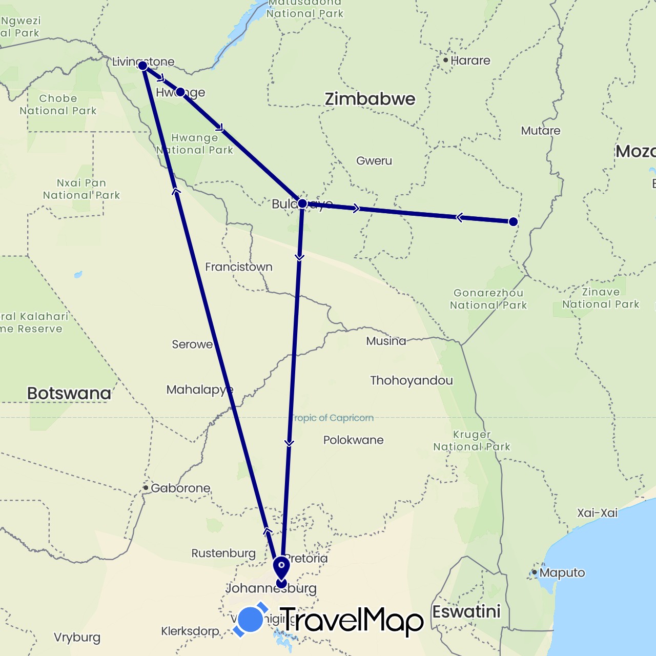 TravelMap itinerary: driving in South Africa, Zimbabwe (Africa)