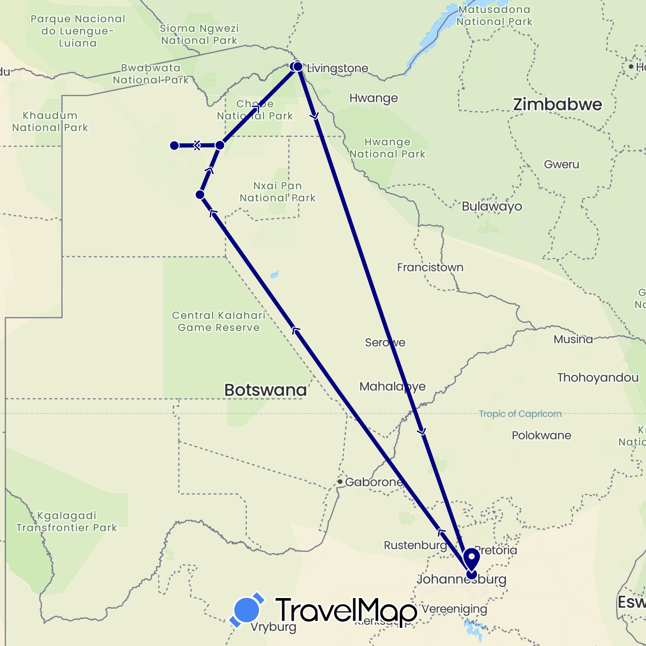 TravelMap itinerary: driving in Botswana, Namibia, South Africa (Africa)