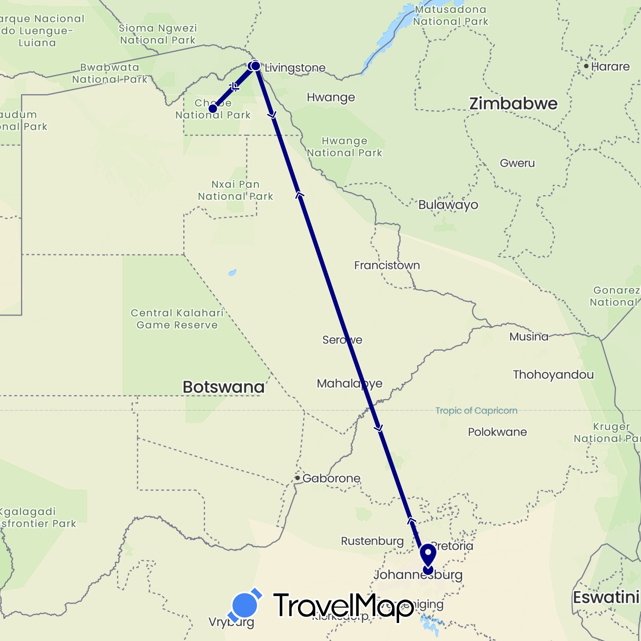 TravelMap itinerary: driving in Botswana, Namibia, South Africa (Africa)