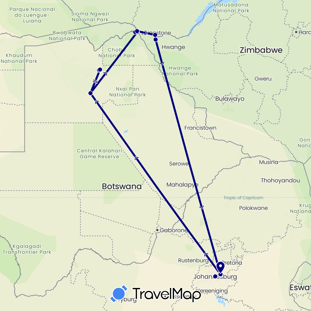 TravelMap itinerary: driving in Botswana, South Africa, Zimbabwe (Africa)