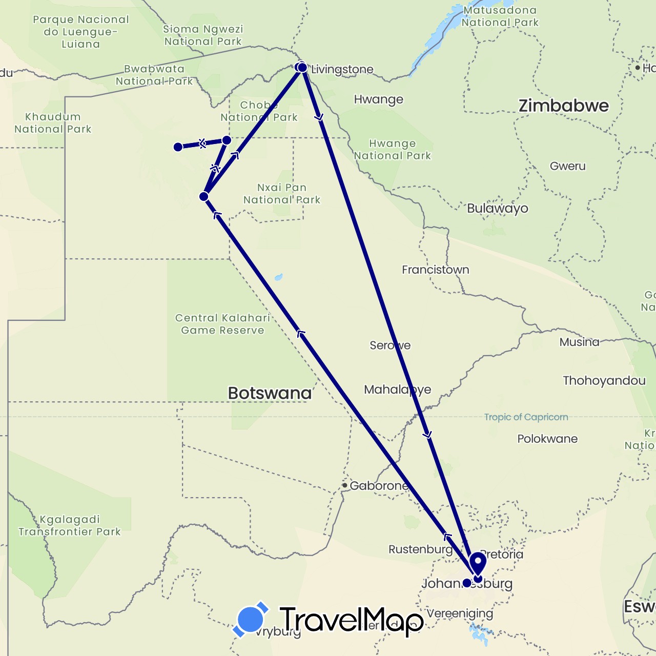 TravelMap itinerary: driving in Botswana, Namibia, South Africa (Africa)